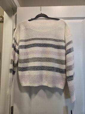 Leighton Striped Fuzzy Knit Sweater Women’s Small Pink Gray Cream NWT
